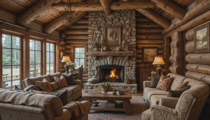 Fototapeta premium Cozy Rustic Cabin Living Room with Stone Fireplace and Wood Beams
