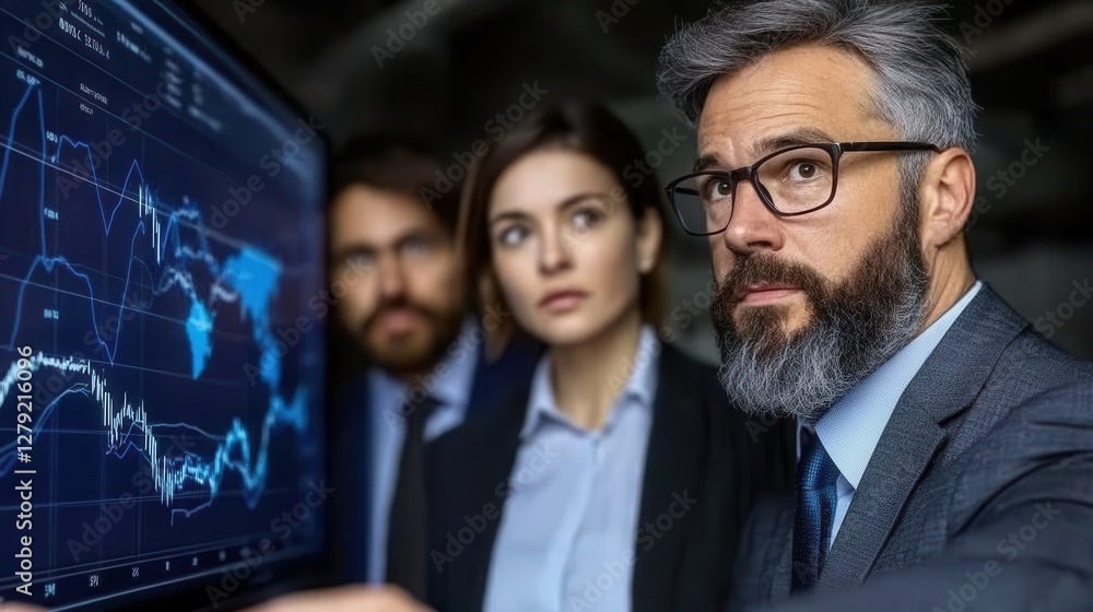 Poster a focused business team reviews data displayed on a large screen. charts and a world map are promine