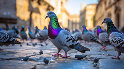 Urban Symphony: Pigeons in a Historic City Square, Harmonizing the Hustle and Bustle of Everyday...