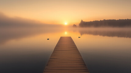 A lonely wooden pier extending into a calm lake at sunrise, surrounded by a soft mist