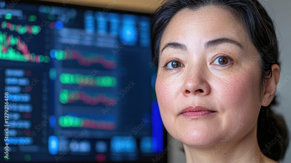 Aufkleber close up portrait of a woman with a neutral expression, against a blurred background of a computer d