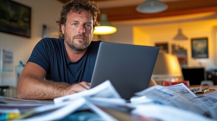 Journalist immersed in work among newspapers and a glowing monitor