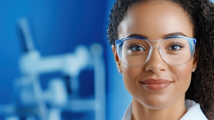Fototapeta premium Close up portrait of a young woman researcher wearing safety glasses, slightly smiling, with a blurred research laboratory background in cool blue