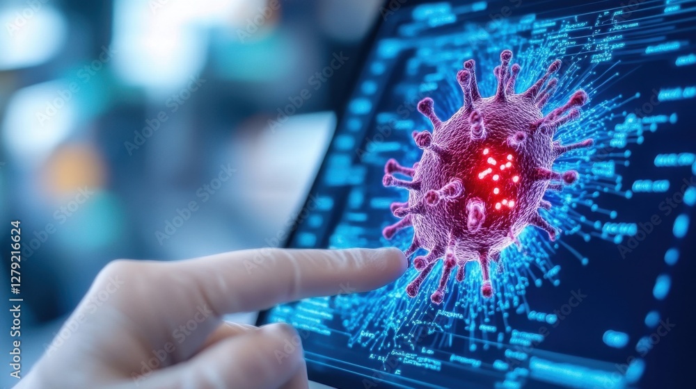 Poster close up view of a gloved hand interacting with a digital display showing a 3d model of a virus. the