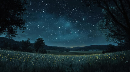serene night landscape featuring starry sky filled with constellations over tranquil field illuminated by fireflies