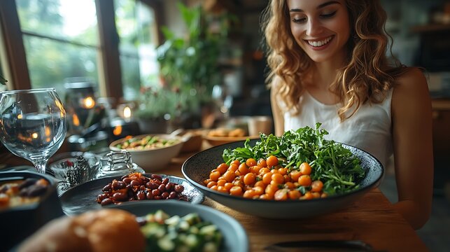 Inviting meal presentation with fresh greens and beans on a warm dining table