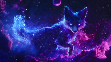 A cosmic fox that has formed numerous planets, a fox located in the cosmos, radiating a beautiful blue-violet galactic aura, a stunning cosmic fox.