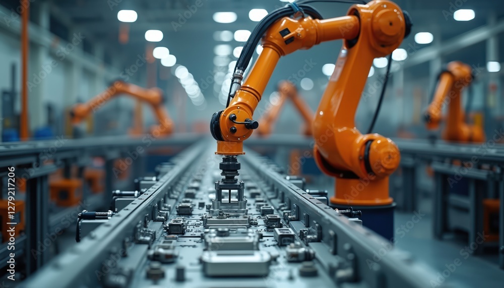Poster automated orange industrial robot arm performs precision work on metal electronic components on asse