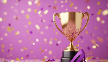 Fototapeta premium Gold Trophy with Purple and Gold Confetti on Purple Background