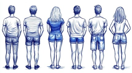 Illustration depicting six people from behind showcasing summer attire in a blue and white color scheme, evoking a sense of warm weather and casual