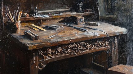 Fototapeta premium Antique workbench, tools, artisan's work space, historical craftsmanship, image for a magazine, advertising, or web design