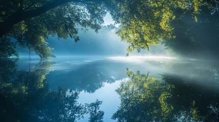 Fototapeta premium Misty morning lake, sun rays through trees reflected in calm water.