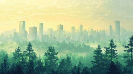 Fototapeta premium Misty Morning City Skyline Over Lush Green Forest