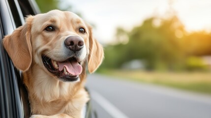 Joyful golden retriever enjoying a sunny ride with wind in its fur
