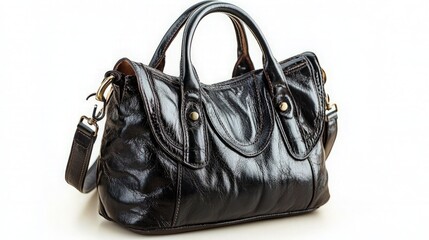 Naklejka premium Black Leather Handbag Against White Background. Possible use Fashion, Accessories