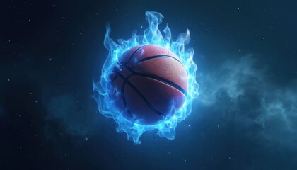3D render of basketball ball in blue flames. Glowing sphere against dark starry space. Modern tech art design element, futuristic vibe. Sport equipment, game concept. Illustration for web, graphic