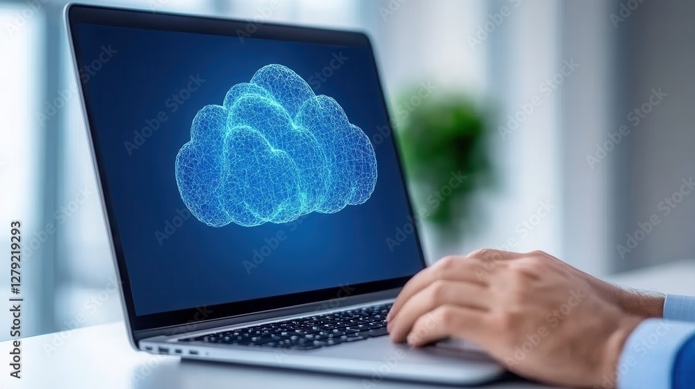 Poster close up of hands typing on a laptop displaying a glowing blue cloud network on the screen, suggesti