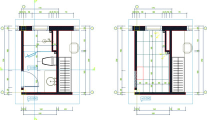 WC design silhouette illustration vector sketch Layout Plan and elevations details with size scale  