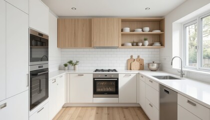 Fototapeta premium Modern Bright Kitchen with Wood Accents and Sleek Design Elements