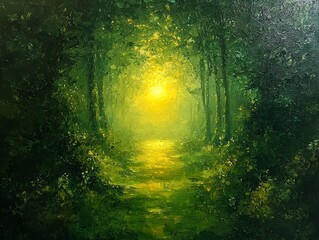 Fototapeta premium Serene nature pathway illuminated by soft light lush forest oil painting peaceful atmosphere close-up view