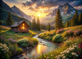Fototapeta premium Glowing Wildflower Mountain Valley Cabin - Vintage Photography - Serene Nature Scene