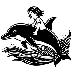 Silhouette vector of a child on the back of a dolphin