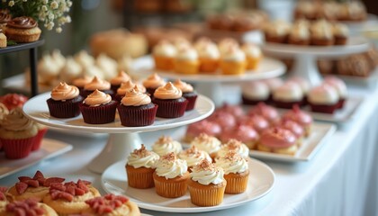Fototapeta premium Festive dessert buffet table features array of sweet treats for wedding guests enjoyment. Table with cupcakes of diverse flavors, colors. Catering sweet pastry, bakery products for party. Holiday
