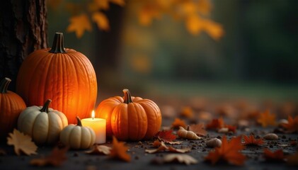 Cozy autumn evening with lit pumpkins and soft candlelight, cozy, warm, autumn