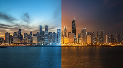 Chicago Skyline Day to Night Transition