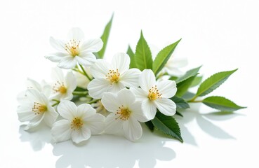Obraz premium Close-up of jasmine flowers isolated on white. Elegant white petals, green leaves bouquet. Aromatherapy spa ingredient, herbal tea ingredient. Spring blossom, summer bloom. Wedding decor. Perfume