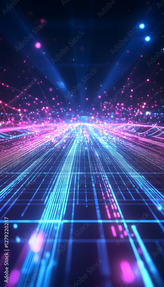 Poster abstract neon grid with lines and glowing particles radiates light