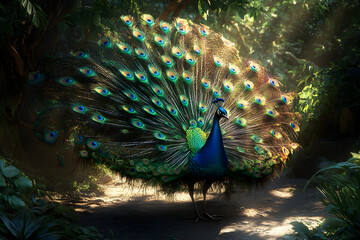 Obraz premium Majestic Peacock Displaying Vibrant and Iridescent Plumage in Natural Habitat