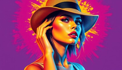 Vivid hues of blue and orange emphasize the elegance of a woman wearing a wide-brimmed hat, her confident expression juxtaposed against an explosion of color in the background