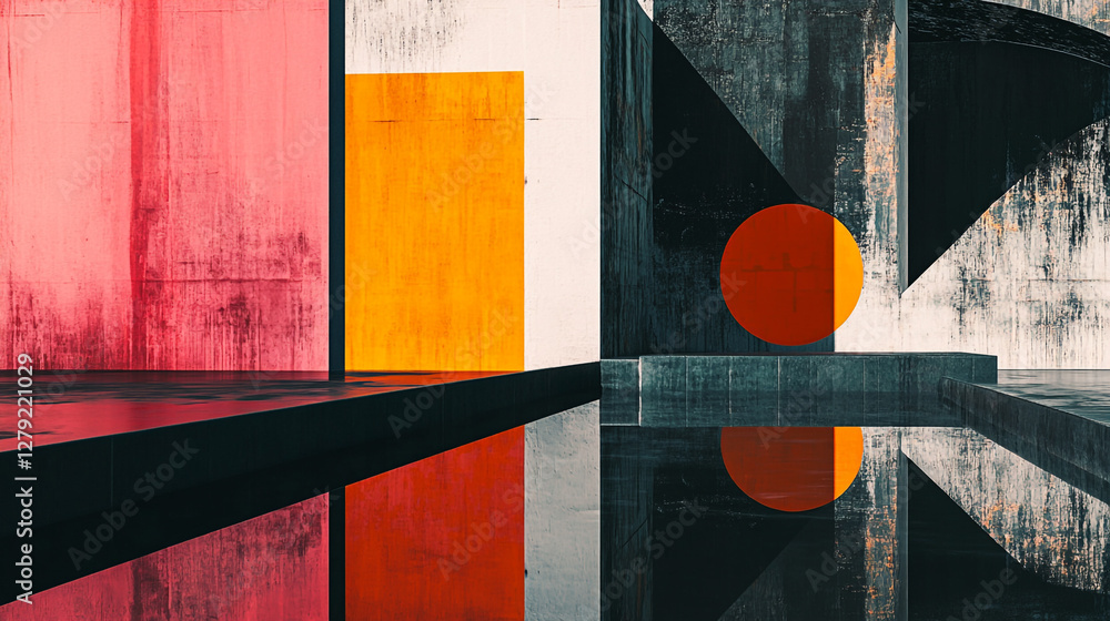 Poster modern abstract architecture featuring vibrant colors and reflections in serene setting