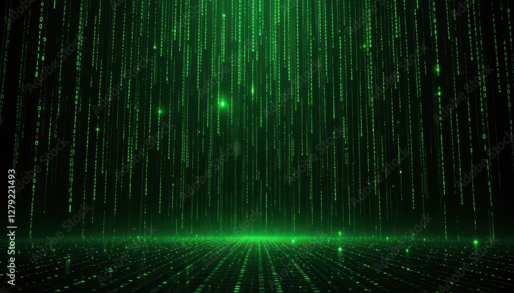 Poster green matrix style digital rain with glowing binary code effect