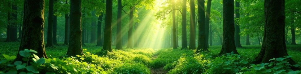 Obraz premium Green forest with tall trees and sunlight filtering through leaves, plants, trees