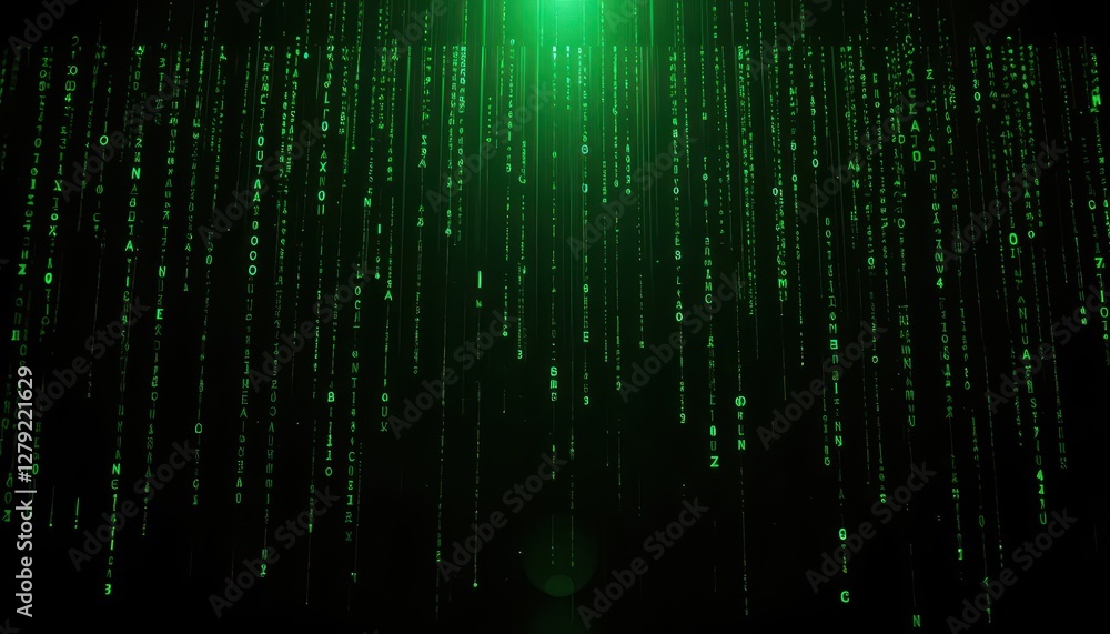 Poster digital matrix code rain in green on black background