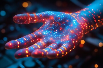 Glowing hand with digital data streams.
