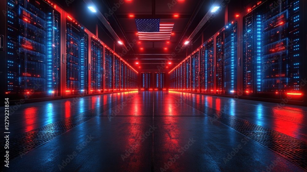 Poster striking image of a server room with red and blue lighting, showcasing rows of servers and an americ