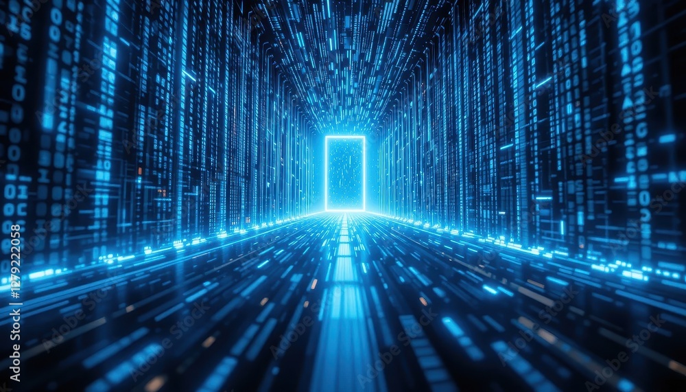 Poster digital portal with streams of data flowing in a futuristic space