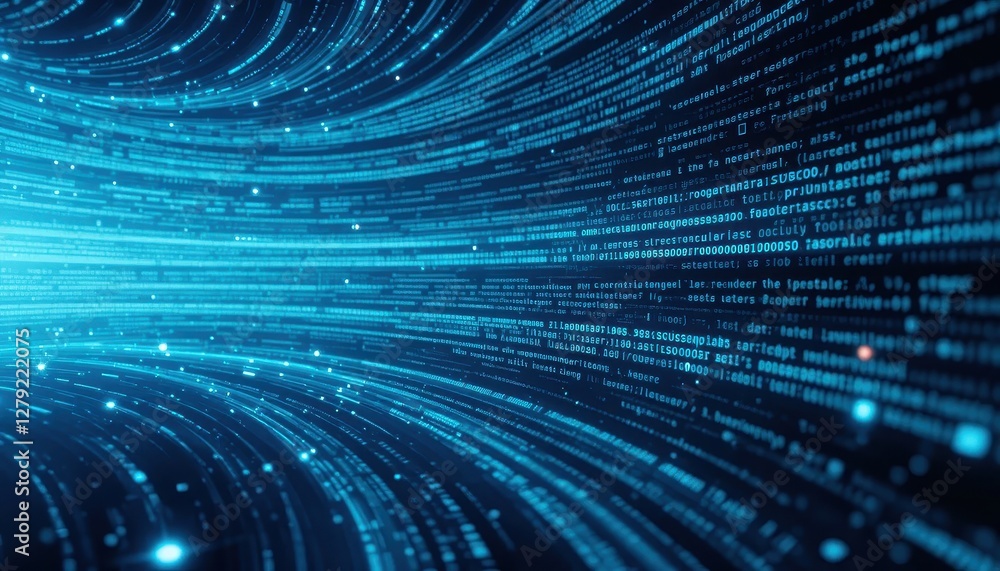 Poster digital data stream with blue lights and abstract patterns in motion