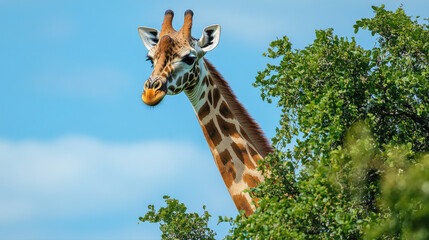 Fototapeta premium tall giraffe peeking through lush green foliage under clear blue sky