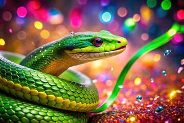 Fototapeta premium Green Snake Party Hat Confetti Long Exposure Photography - Colorful Celebration