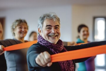 Group of senior people enjoying their time together during a rehab session, using resistance bands for their physiotherapy exercises, promoting healthy aging and well-being