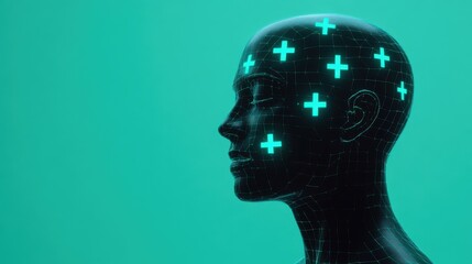 Abstract Illustration of a Head Composed of Interconnected Glowing Green Plus Icons Symbolizing Self Improvement and Growth in a Dynamic Visual Format