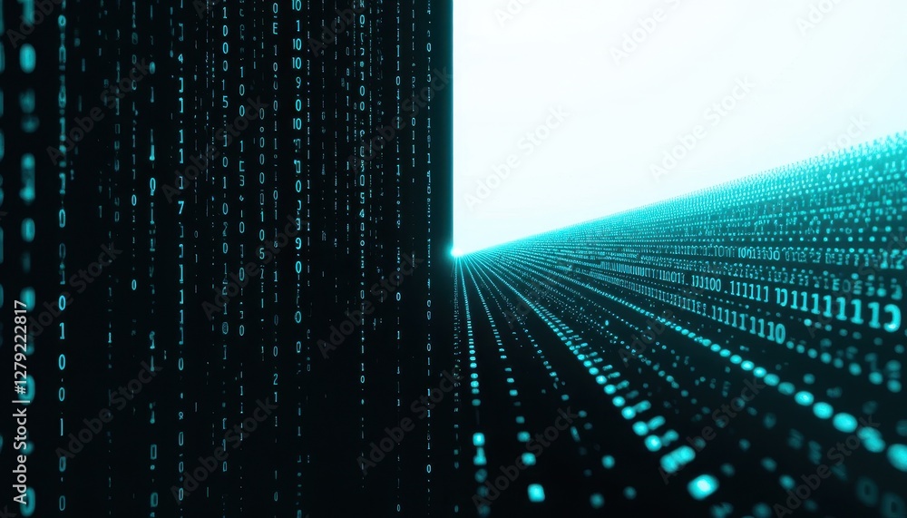 Poster digital binary code flowing in a futuristic abstract landscape