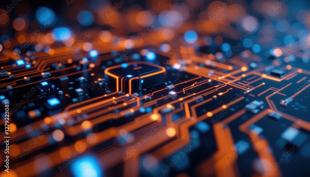 Poster bright circuit board with glowing lines and abstract patterns