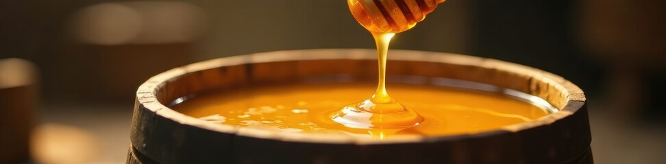 Honey dripping from the dripper into the barrel, viscous liquid, flowing, barrel