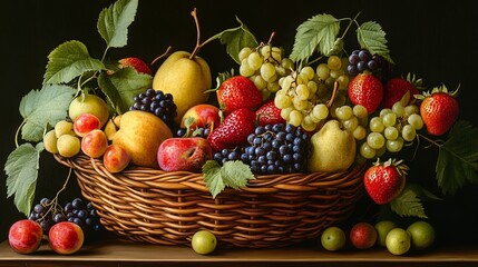 A Basket of Nature's Bounty: A Still Life Composition of Ripe Grapes, Plump Plums, and Succulent Berries Overflowing from a Woven Basket, Evoking the Abundance of the Harvest Season.



