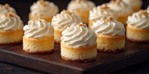 Small cheesecakes with cream on top arranged on a wooden plate showcasing dessert artistry
